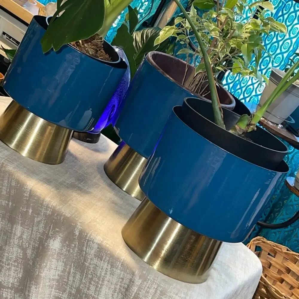 CosmoLiving NEW Blue & Gold Metal Planter 3/SET Modern Home Decor Indoor/Outdoor